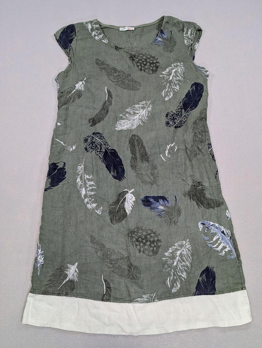Made In Italy Linen Dress Womens XL Green Color Block Feathers Pockets Boho